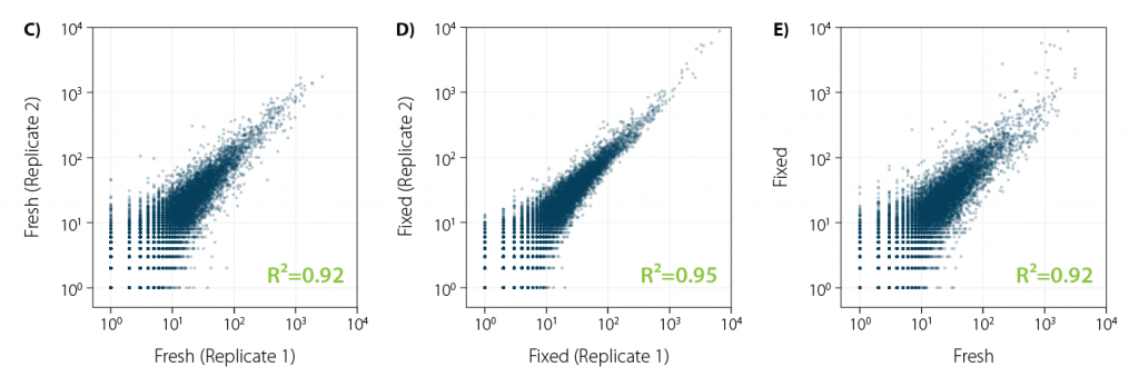 Fresh and fixed cells show comparative gene detection rates over various read depths and high replicate correlation between two individual fresh cells, two individual fixed cells as well as across conditions (fresh vs. fixed) following dispensing with the LUTHOR single cell dispenser, scRNA-Seq library preparation with LUTHOR High-Definition Single-Cell 3’ mRNA-Seq and sequencing on Element’s AVITI platform.