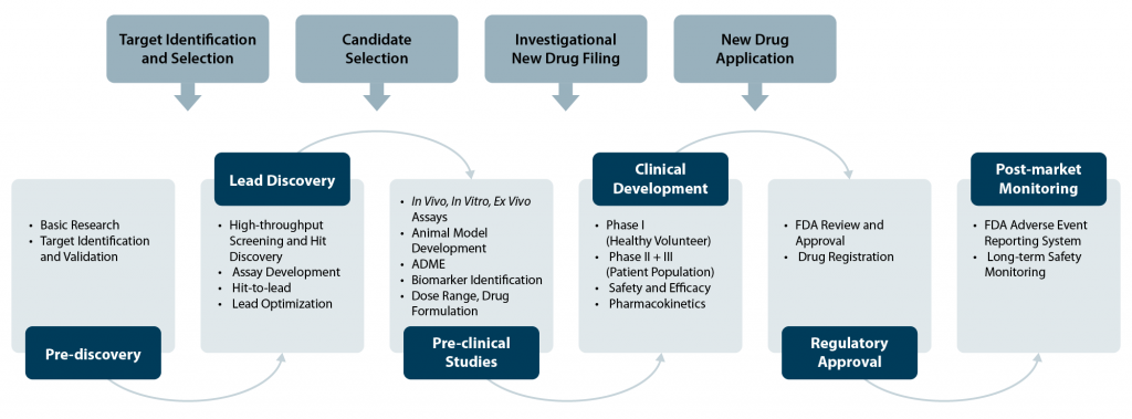 Schematic overview of the different phases in the drug discovery and development process from target identification to regulatory approval and post-market monitoring including research topics and milestones of each stage.